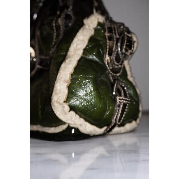 Vintage GUESS Olive Green Faux Leather Shearling Handbag | Y2K Croc Trim Logo - Picture 4 of 15